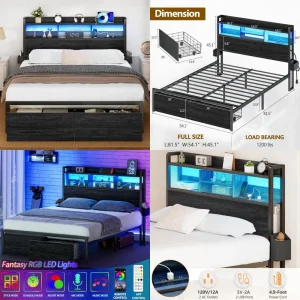 Full Size Wood Headboard Bed Frame with Metal Platform