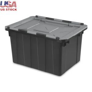 12 Gallon Industrial Tote Heavy Duty Hinged Lid Storage Container Stackable with Handles Zip Tie Access Garage Basement