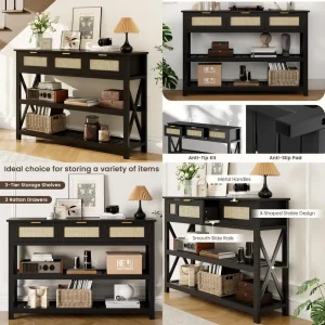 Rattan Drawer Console Table with 3-Tier Storage