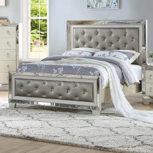 Glam Silver Faux Leather Tufted Headboard California King Bed with Mirror Trim Bedroom Furniture