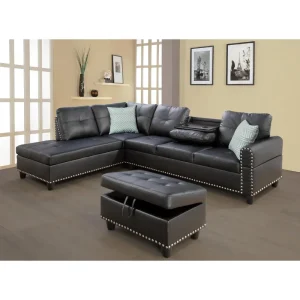 Sectional Sofa Couch, Modern 4-Seaters Living Room Furniture Sets with Chaise Lounge, Ottoman & 2 Pillows | L Shape Couch