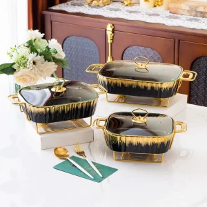 3 Piece Set Ceramic Chafing Dishes Buffet Set, Luxury Black Ceramics Chafer with Gold Trim, Chafer and Buffet Warmer Set for Buf